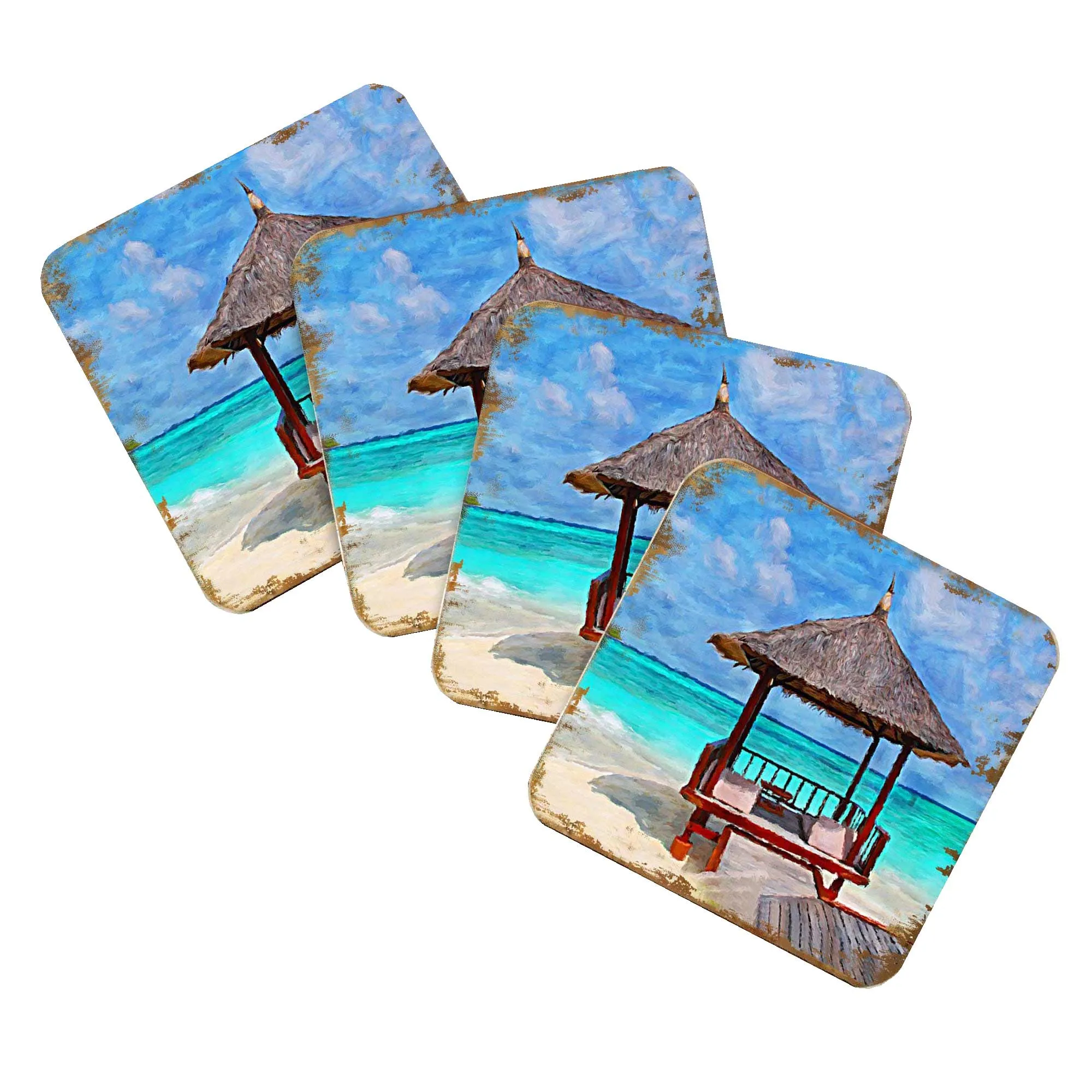 Beach Cabana Coastal Wooden Cork Coasters Gift Set of 4 by Nature Wonders - Coastal Sea-Life Décor - 95270C-S4