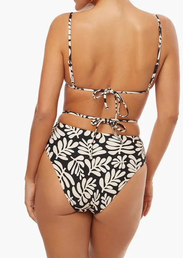 Black beaded Cooper Triangle Bikini Top in Safari Leaves