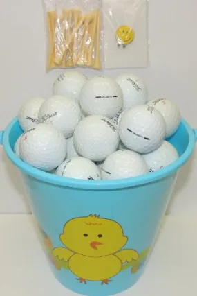 Blue Easter Pail With 48 Recycled Titleist Golf Balls & Tee's & Smiley Face Magnetic Golf Ball Marker With Hat Clip