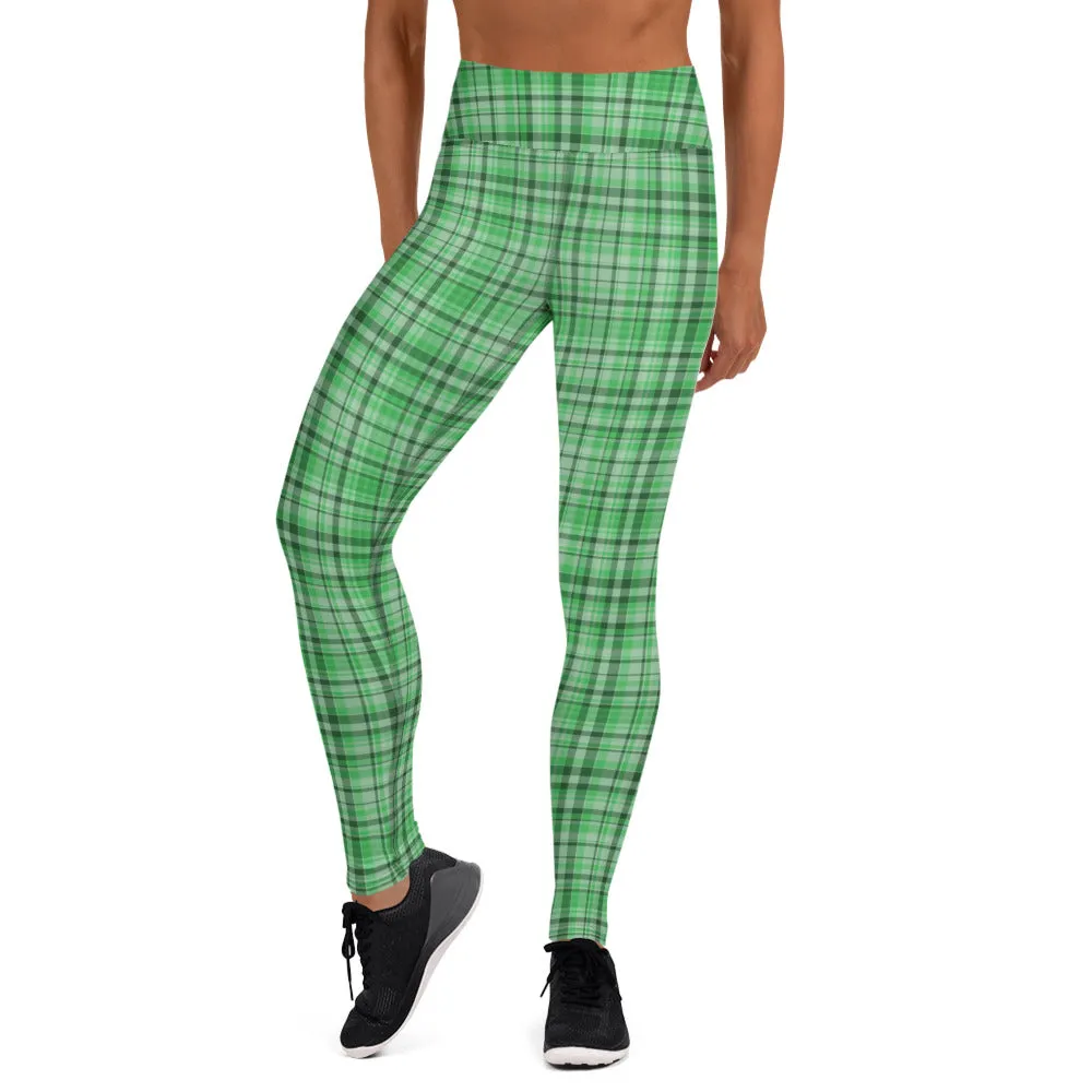 Green Plaid Print Yoga Leggings, Bright Scottish Tartan Printed Women's Long Yoga Pants-Made in USA/EU