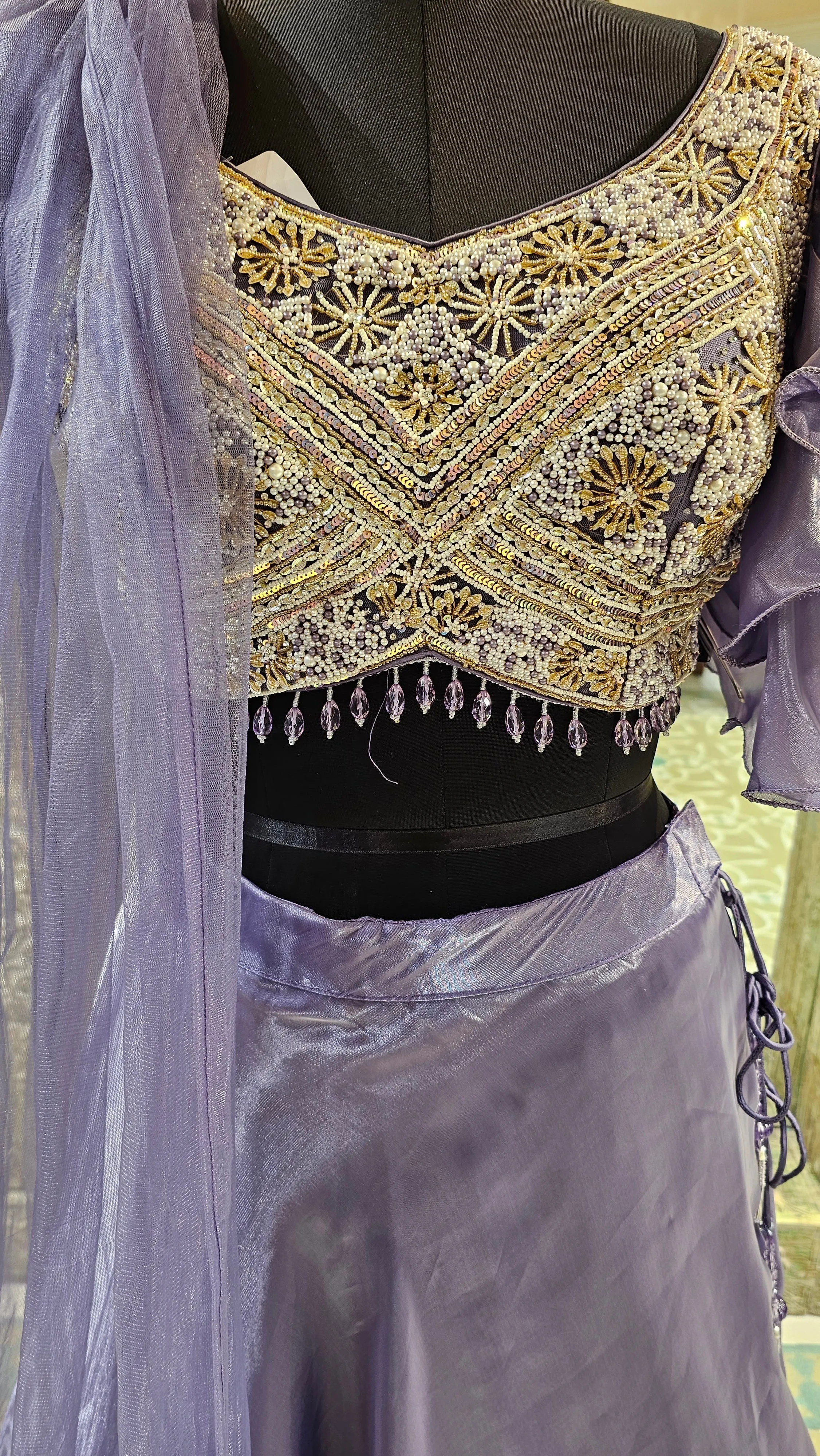Mauve Imported Shimmer With Sequins And Pearl Work.