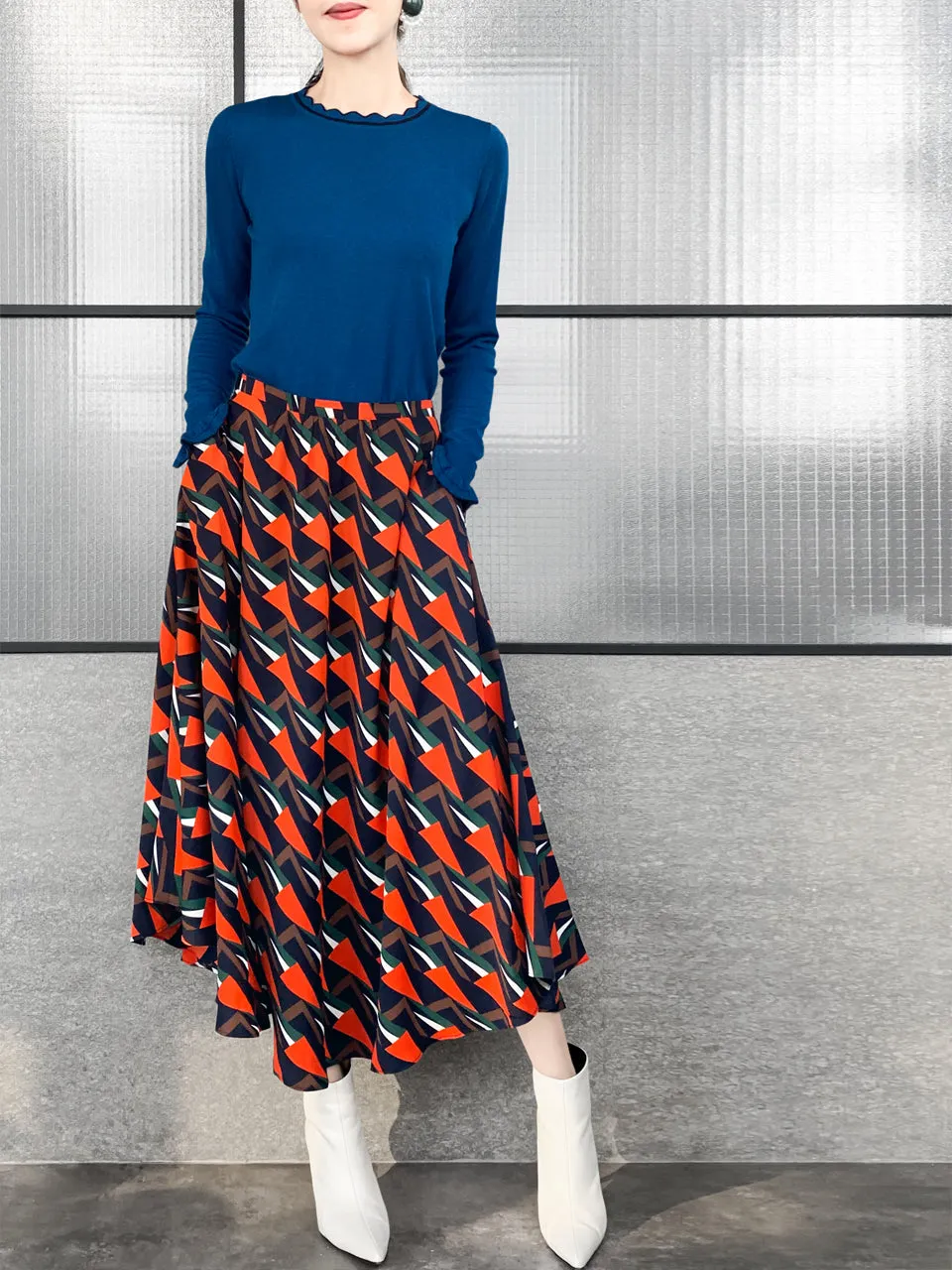 Surprise Sale! Blue Scallop Collar Contrast Trim Cashmere Wool Blend Sweater