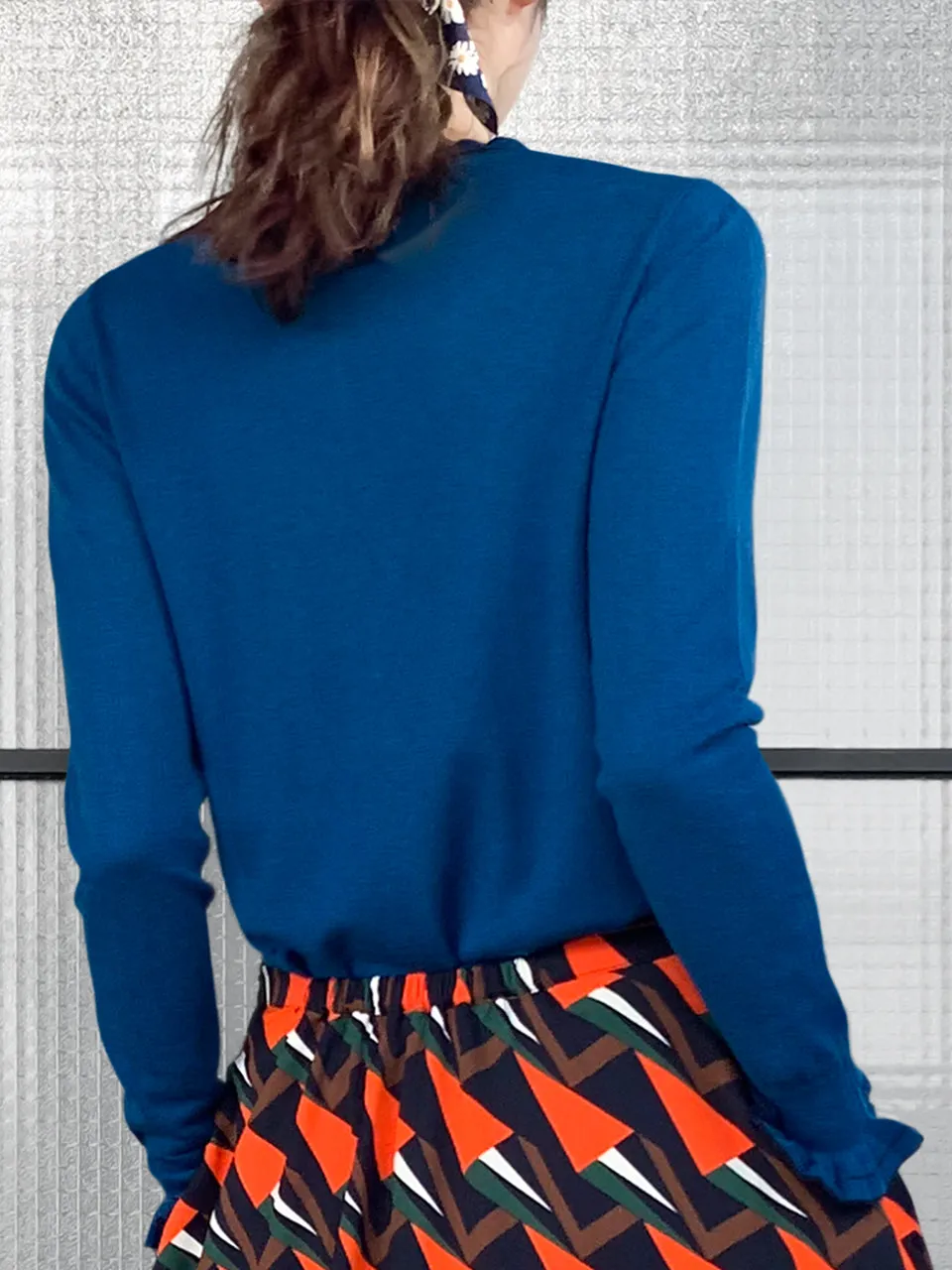 Surprise Sale! Blue Scallop Collar Contrast Trim Cashmere Wool Blend Sweater